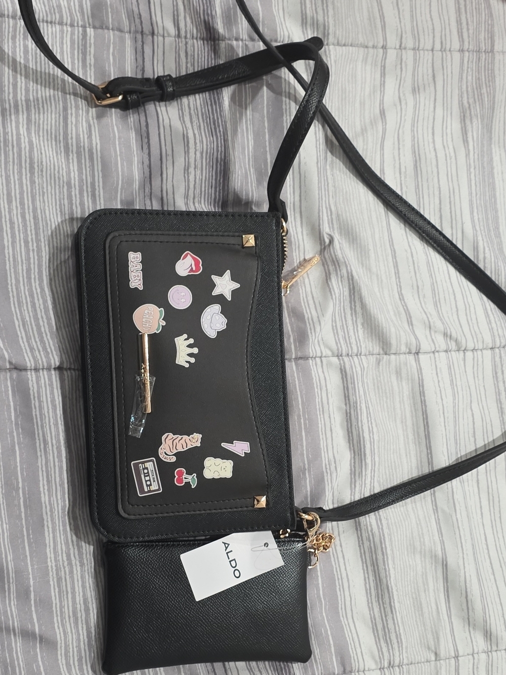 ALDO Black Crossbody Bag with Decorative Sticker Patch Panel